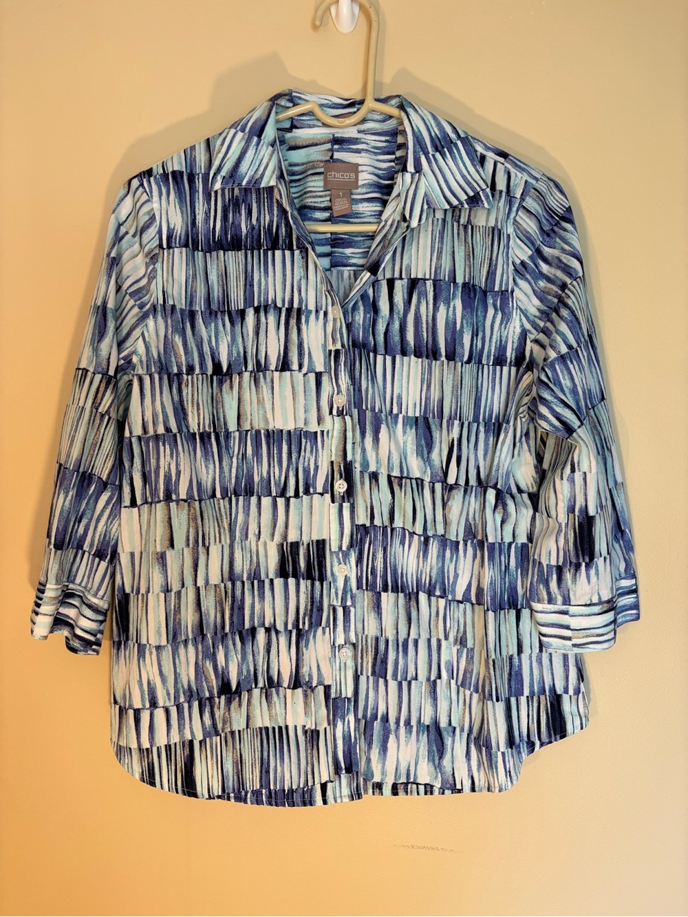 Chico's Blue and White Textured-Stripe Button Front Shirt